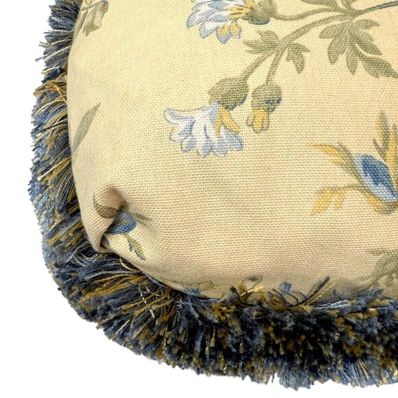Floral Accent Pillow Yellow Blue Fringe Zippered Cover w/ Insert 19" - Picture 6 of 8